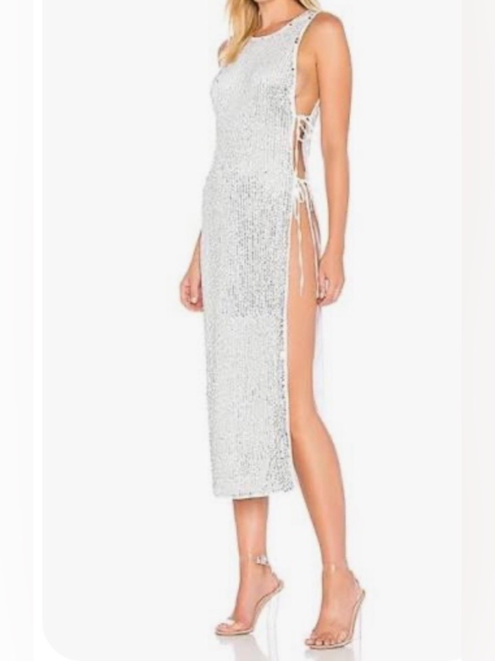 h:ours x Revolve Sequin "Ruby Maxi Dress" in White and Silver